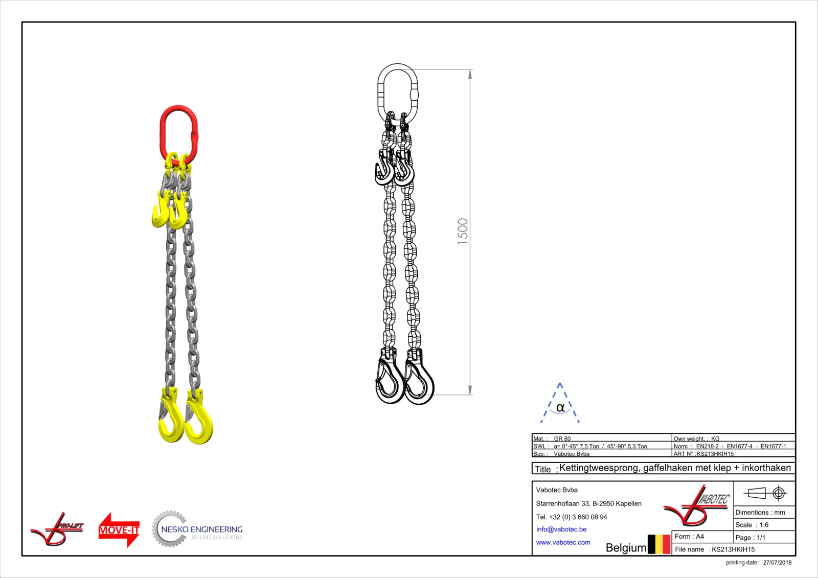 Afbeelding Ketting tweesprong Grade 80 met haak klep en inkorthaak 1.5m Dia.13 mm