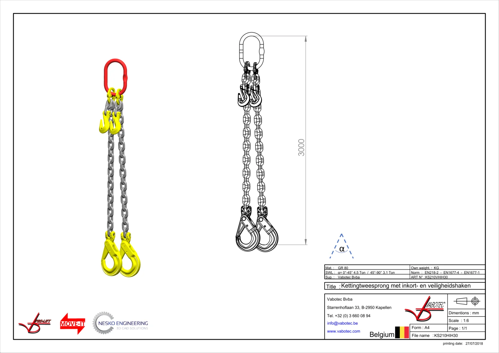 Afbeelding Ketting tweesprong Grade 80 met veiligheidshaak en inkorthaak 3m Dia.10 mm