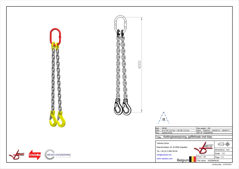 Afbeelding Ketting tweesprong Grade 80 met haak klep 4m 6 mm