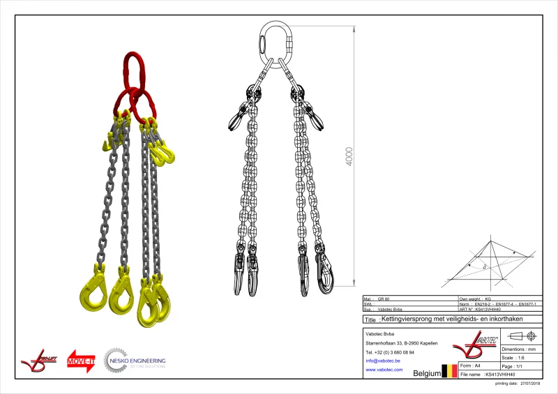 Afbeelding Ketting viersprong Grade 80 met veiligheidshaak en inkorthaak 4m Dia.13 mm