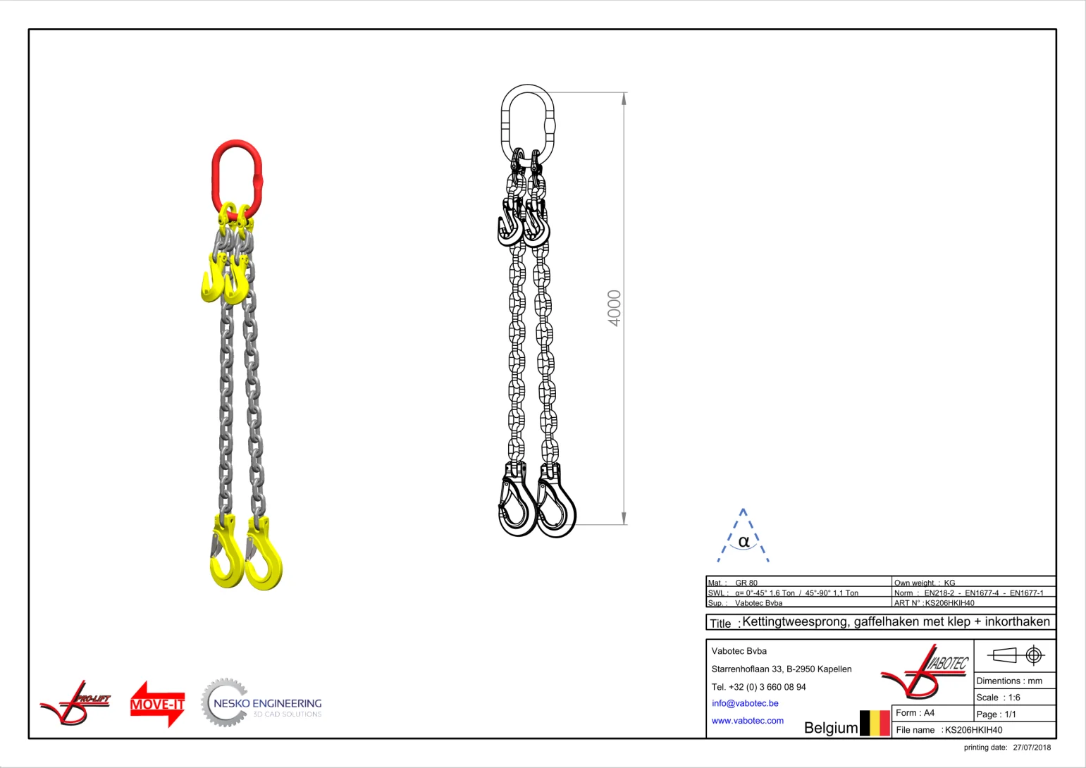 Afbeelding Ketting tweesprong Grade 80 met haak klep en inkorthaak 4m 6 mm