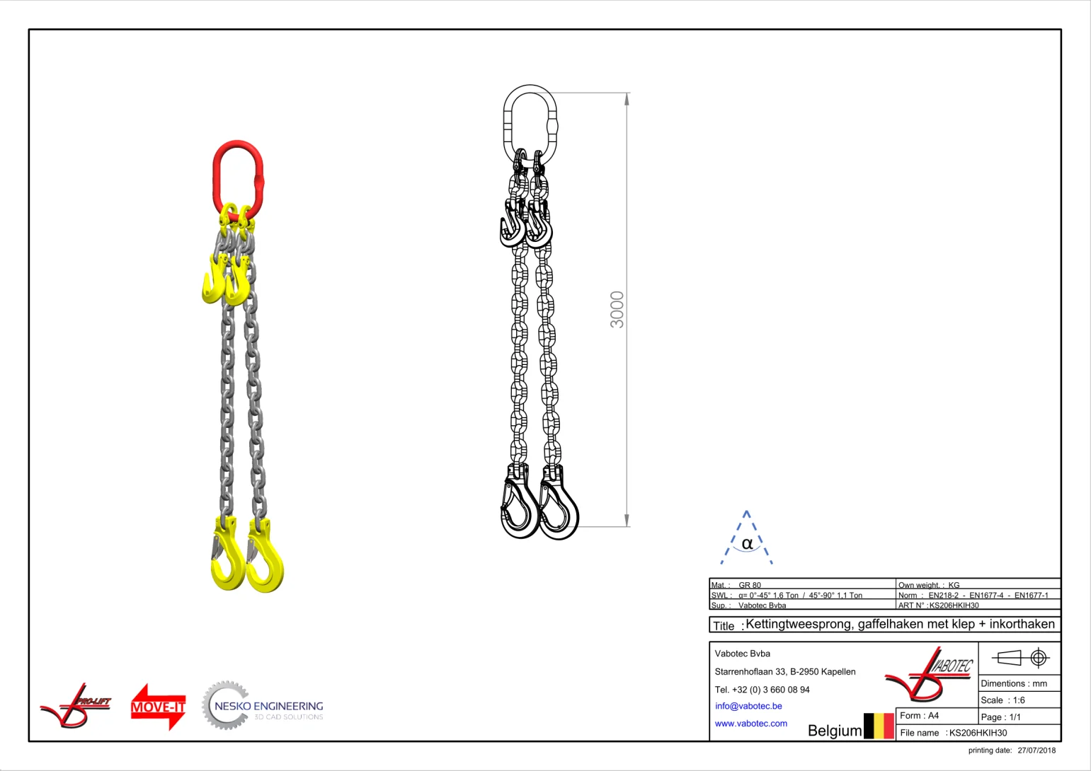 Afbeelding Ketting tweesprong Grade 80 met haak klep en inkorthaak 3m 6 mm