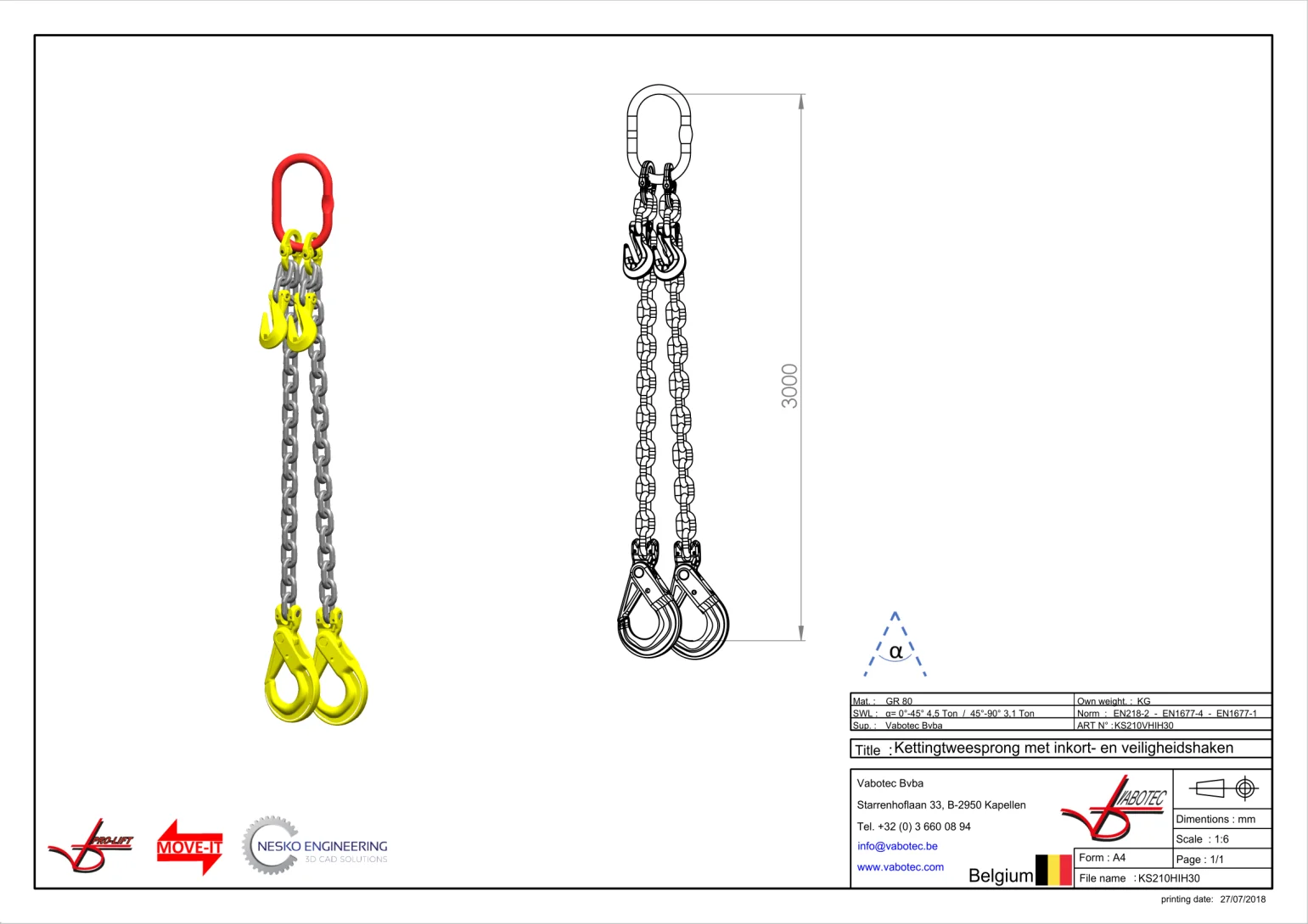 Afbeelding Ketting tweesprong Grade 80 met veiligheidshaak en inkorthaak 3m Dia.10 mm