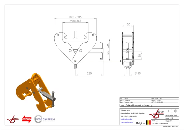 Balkenklem met ophangoog 10t bek 90-320 mm