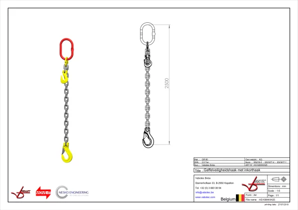 Kettingleng Grade 80 met haak klep en inkorthaak 2.5m 6 mm