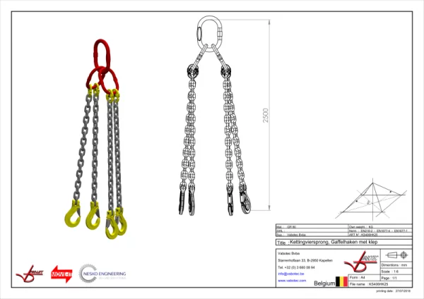 Ketting viersprong Grade 80 met haak klep 2.5m 6 mm