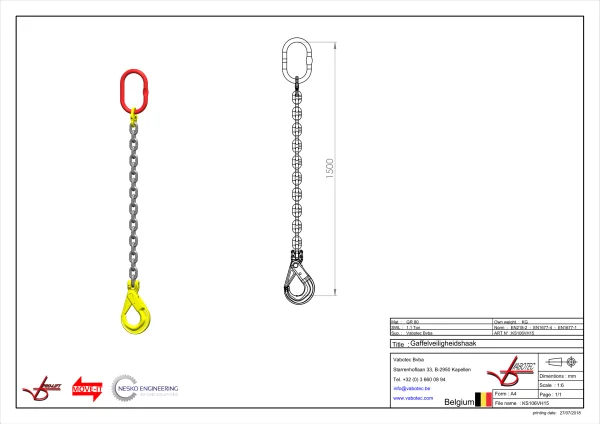 Kettingleng Grade 80 met veiligheidshaak 1.5m 6 mm