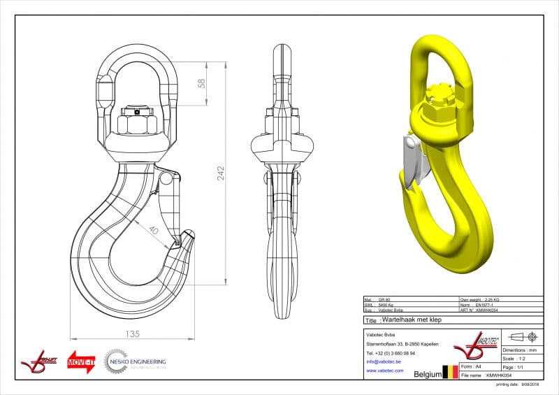 Haken: Wartelhaak met klep, Draaibaar zonder last. Draait niet beladen,G80- 13mm, 5300 kg