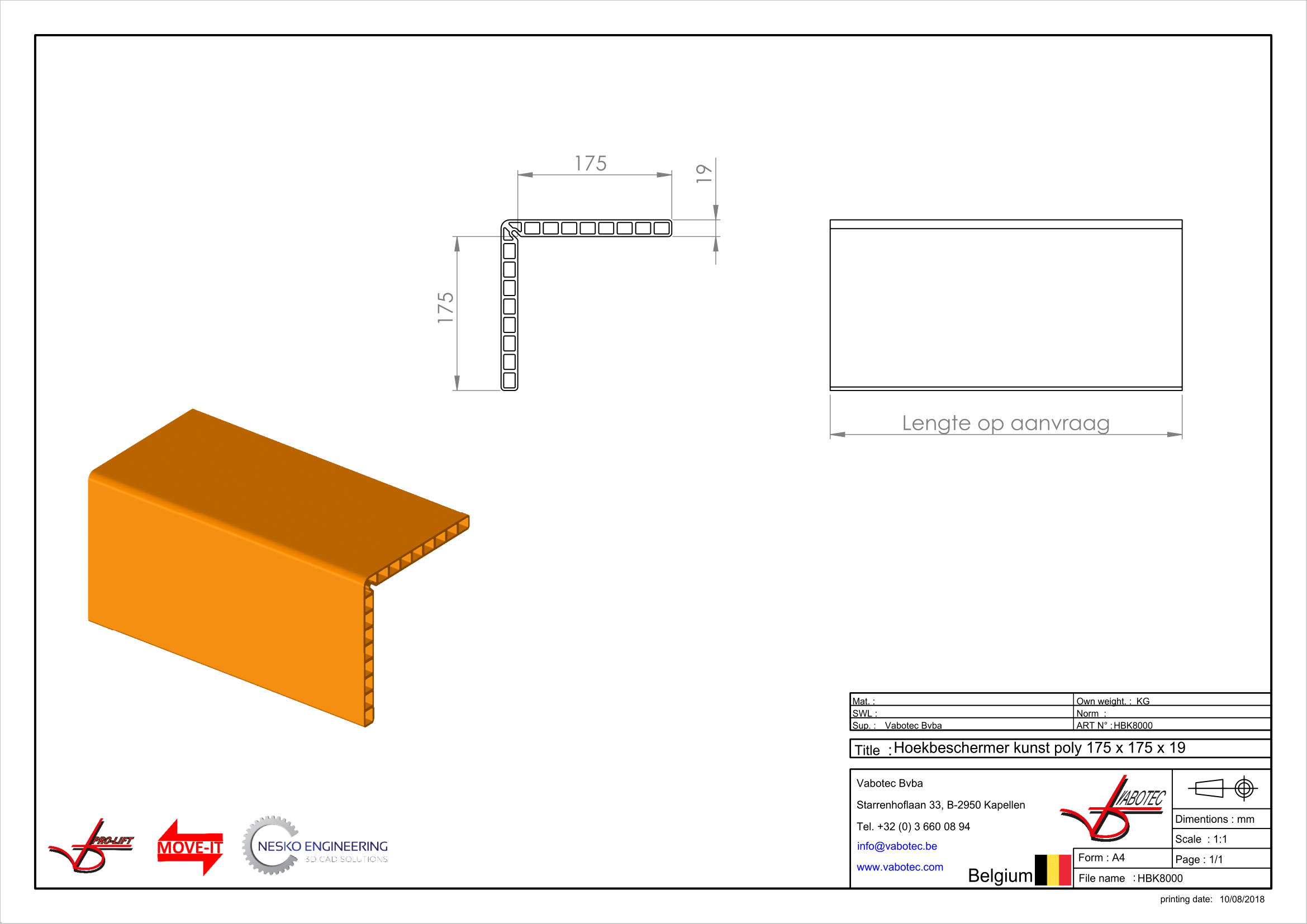 Sjorband 1: Hoekbesch. Kunst Poly oranje LENGTE VAN 5,8 m 190 X 190MM Versnijdbaar naar gewenste lengte