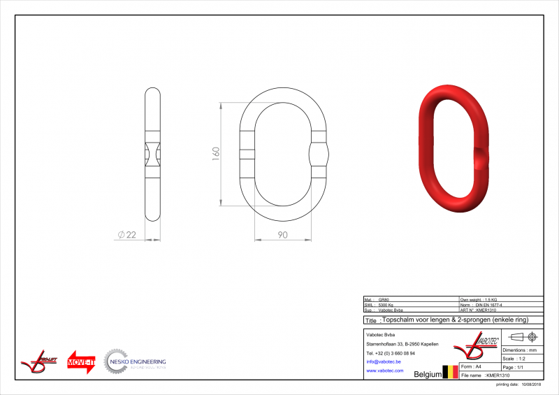 Topschalm: enkele ring, ophangring voor ketting leng of kettingtweesprong G80- 13-10mm 5300 kg