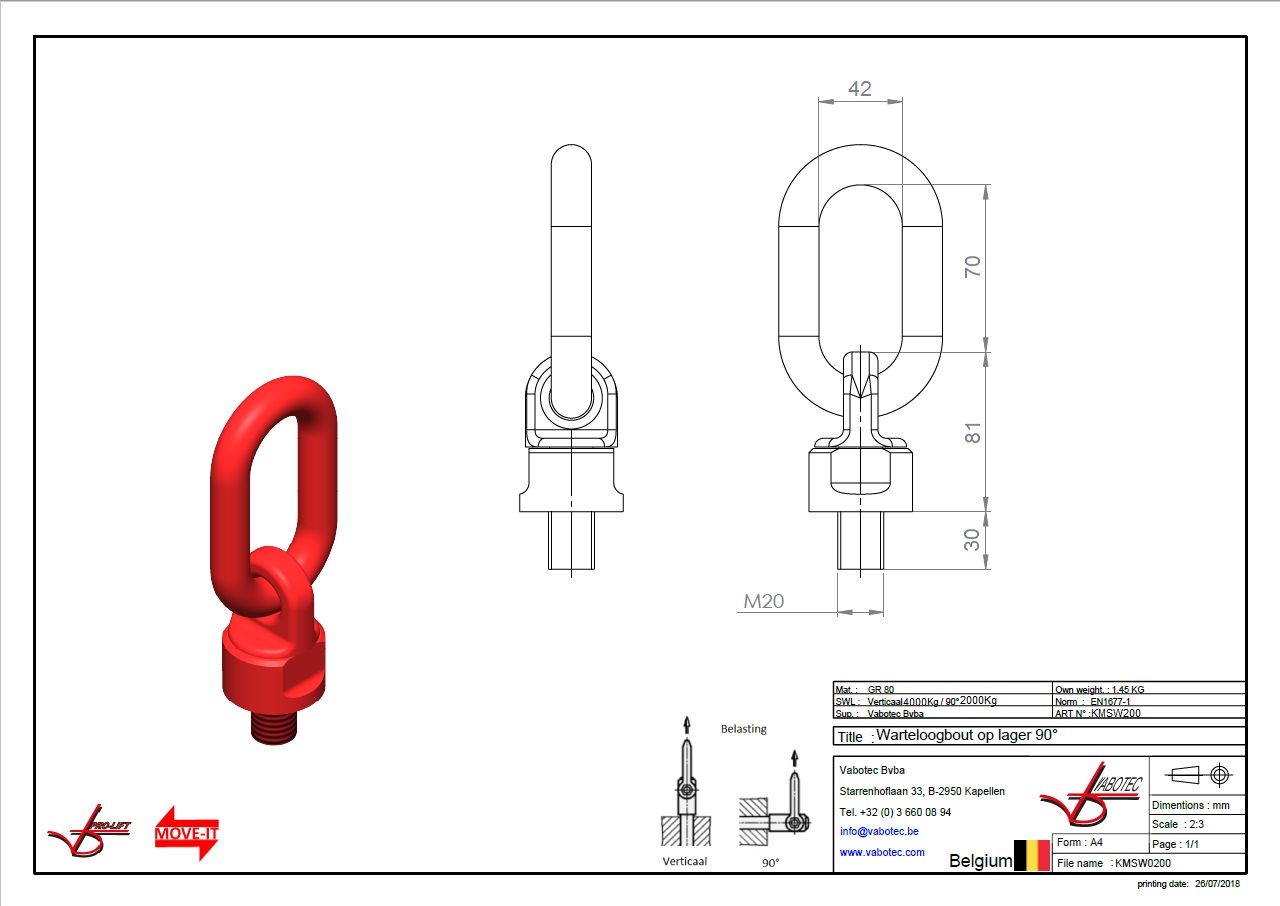 Haken: Warteloog op lager, G80- 0°4000kg - 90° 2000kg M20x30