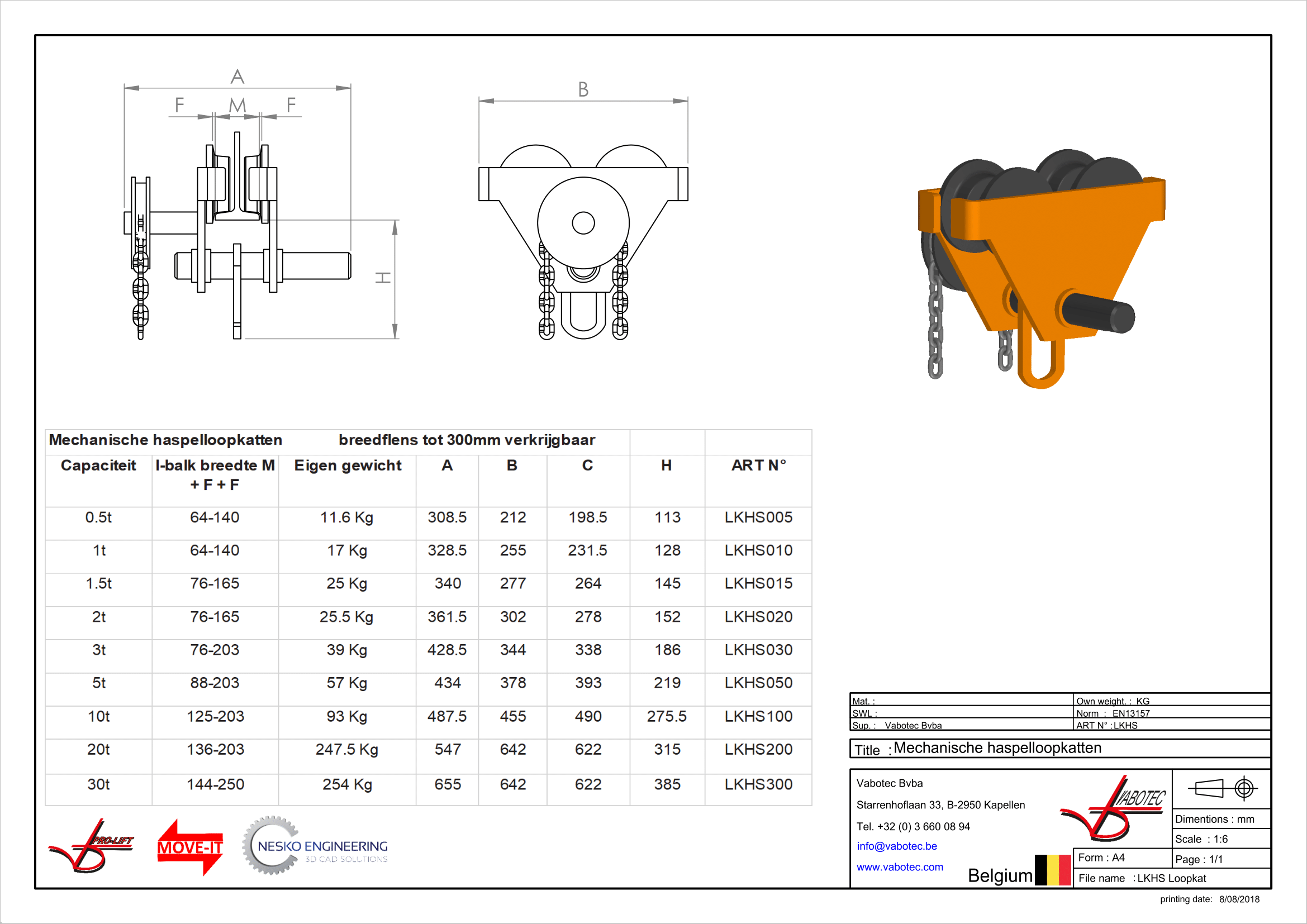 Takel - Haspelloopkat standaard traverseren door middel van een handketting 2000kg 74-154mm
