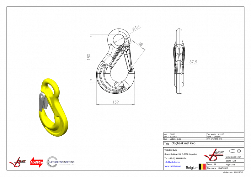 Haken: Hijshaak voorzien van oog. Ooghaak met klep. G80 -16mm 8000 kg