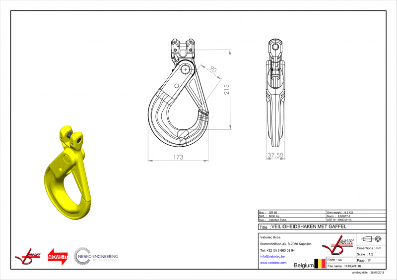 Haken: Veiligheidshaak, zelfsluitend, voorzien van een gaffel om ketting te monteren. Gaffelveiligheidshaak, G80- 16mm 8000 kg
