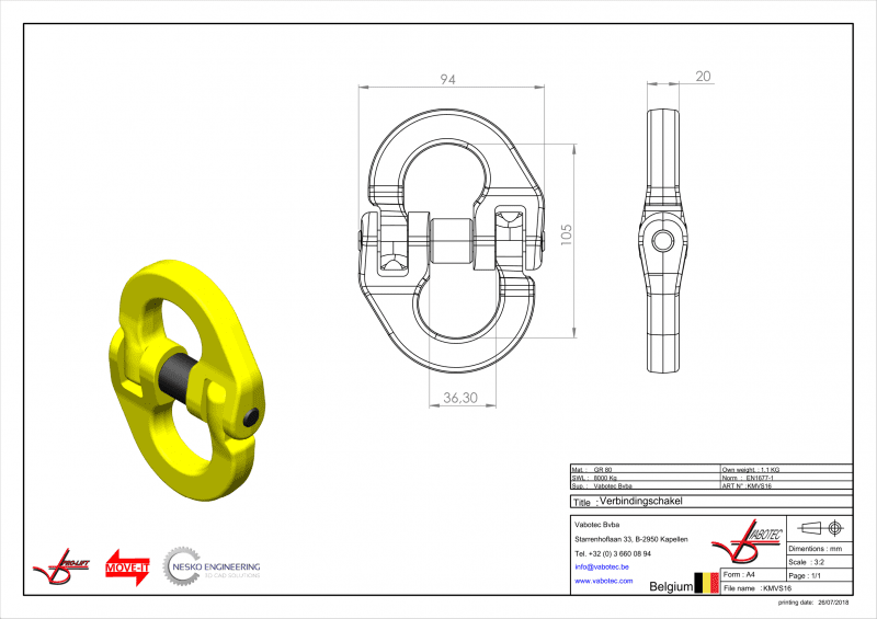 Haken: Verbindingsschakel om ketting met andere onderdelen te verbinden G80- 16mm 8000 kg