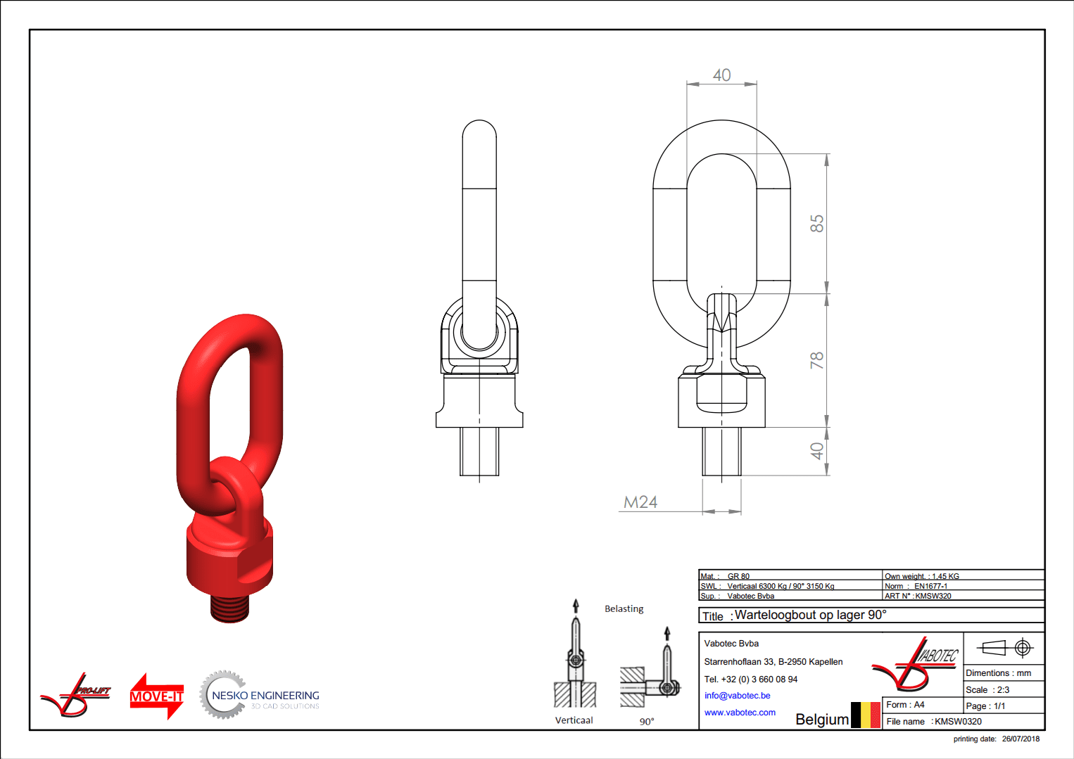 Haken: Warteloog op lager, G80- 0°6300kg - 90° 3150kg M24x30