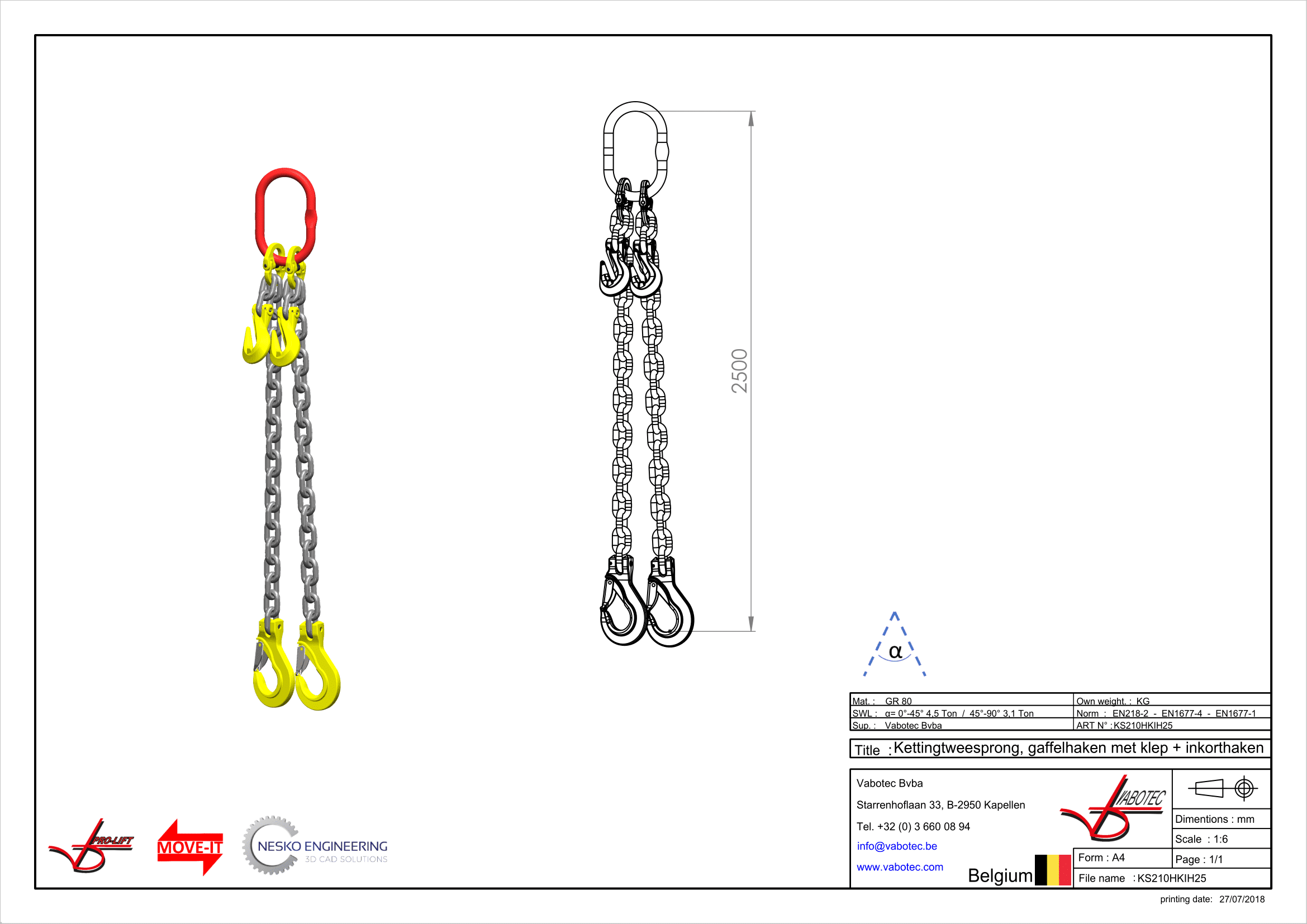 Ketting tweesprong : G80 Voorzien van haak met klep en inkorthaak 2.5m Dia.10mm