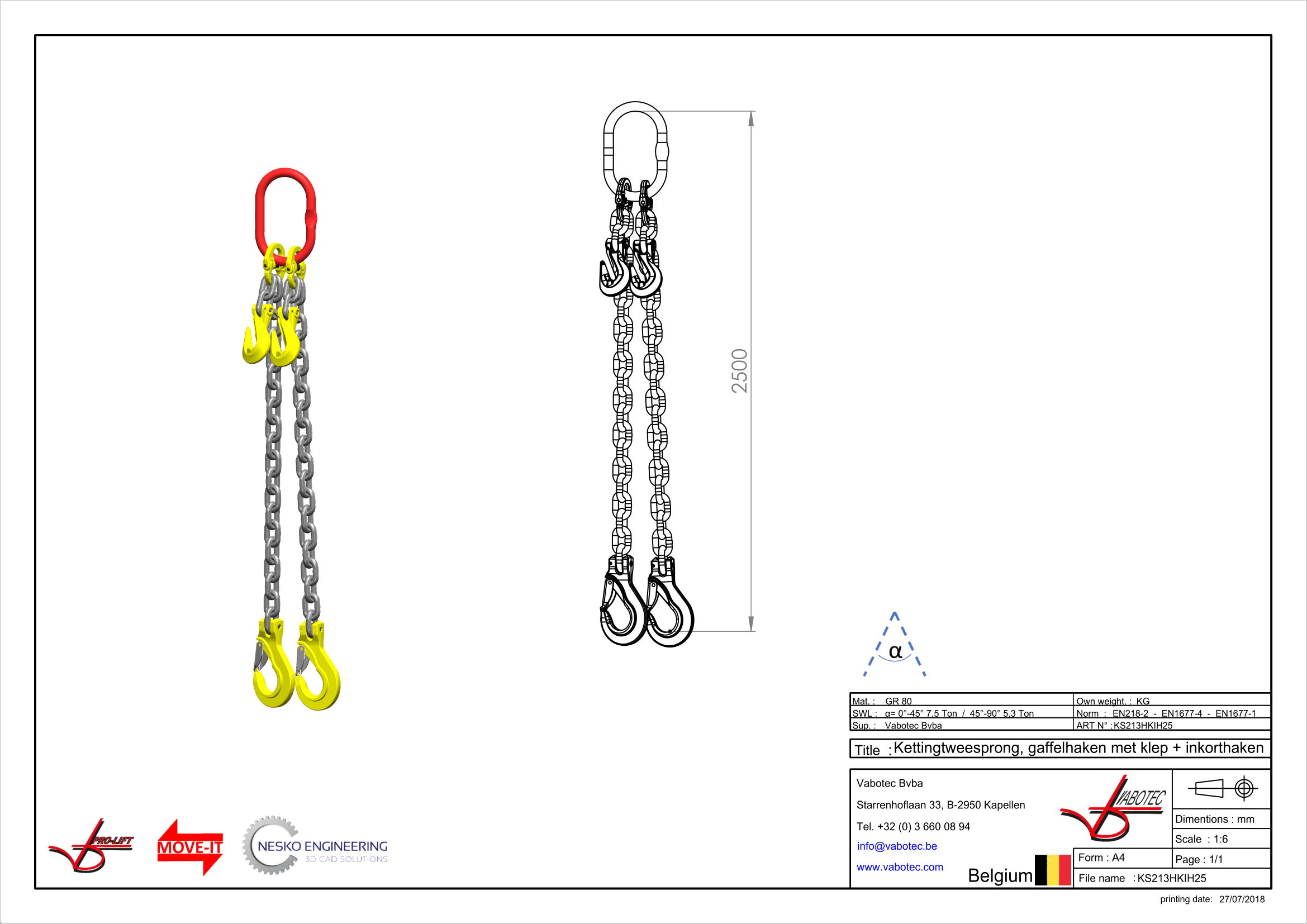 Ketting tweesprong : G80 Voorzien van haak met klep en inkorthaak 2.5m Dia.13mm