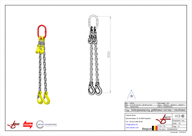 Ketting tweesprong : G80 Voorzien van haak met klep en inkorthaak, 2m Dia.8mm