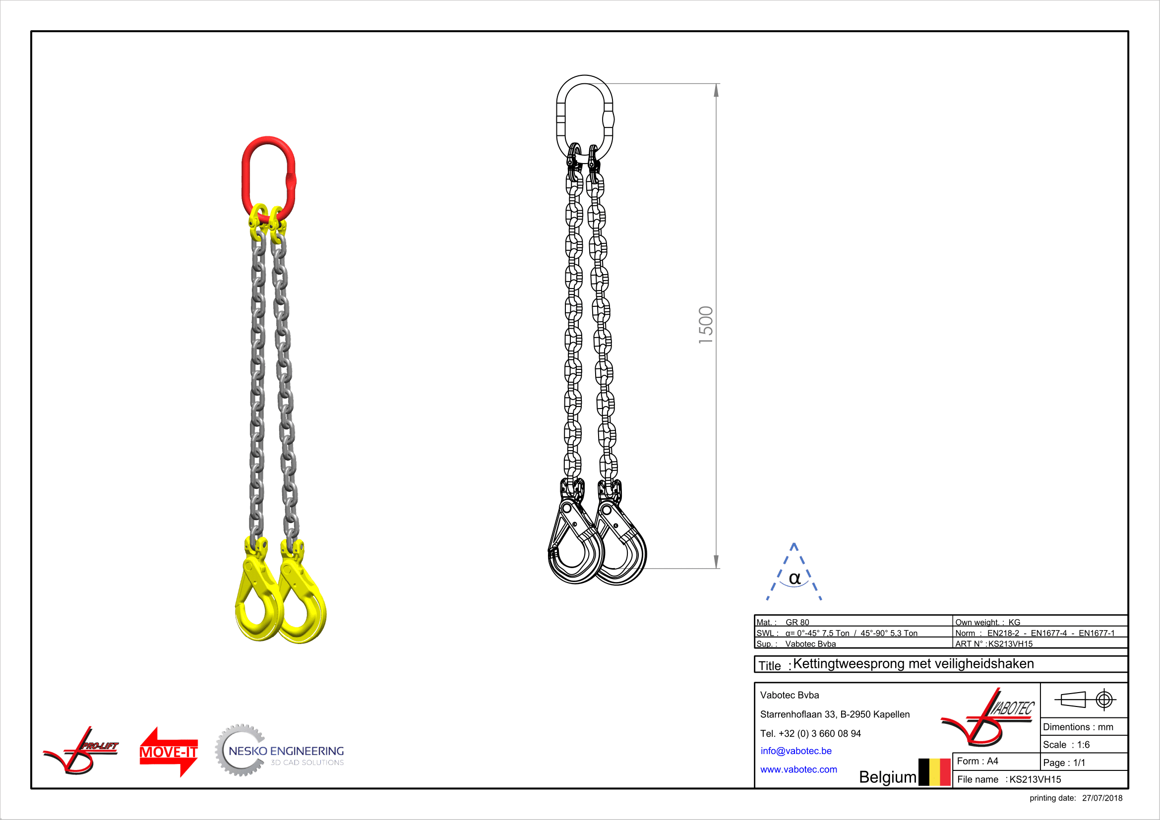 Ketting tweesprong : G80 Voorzien van zelfsluitende haak, veiligheidshaak, 1,5m Dia.13mm