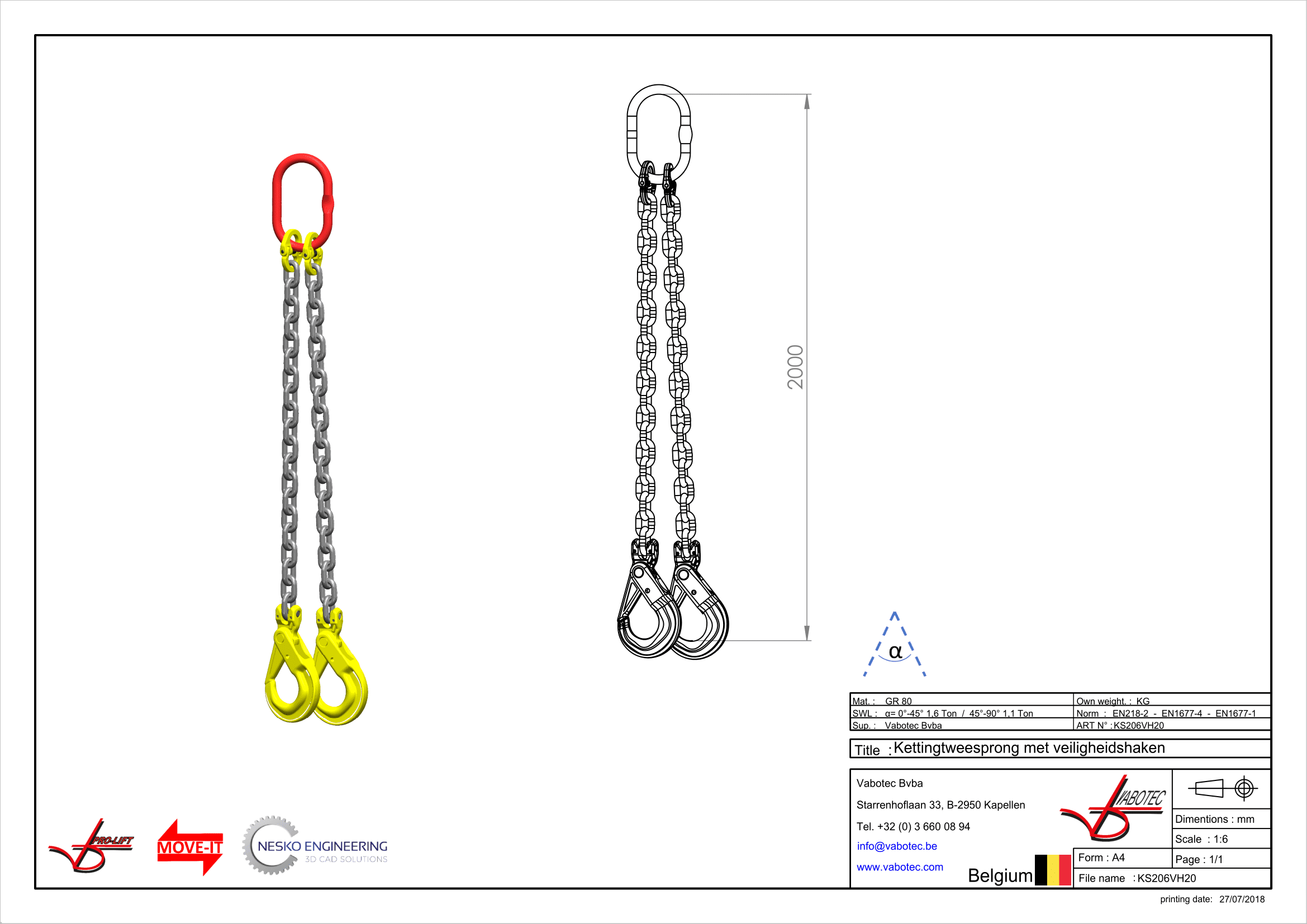 Ketting tweesprong : G80 Voorzien van zelfsluitende haak, veiligheidshaak, 2m Dia.6mm