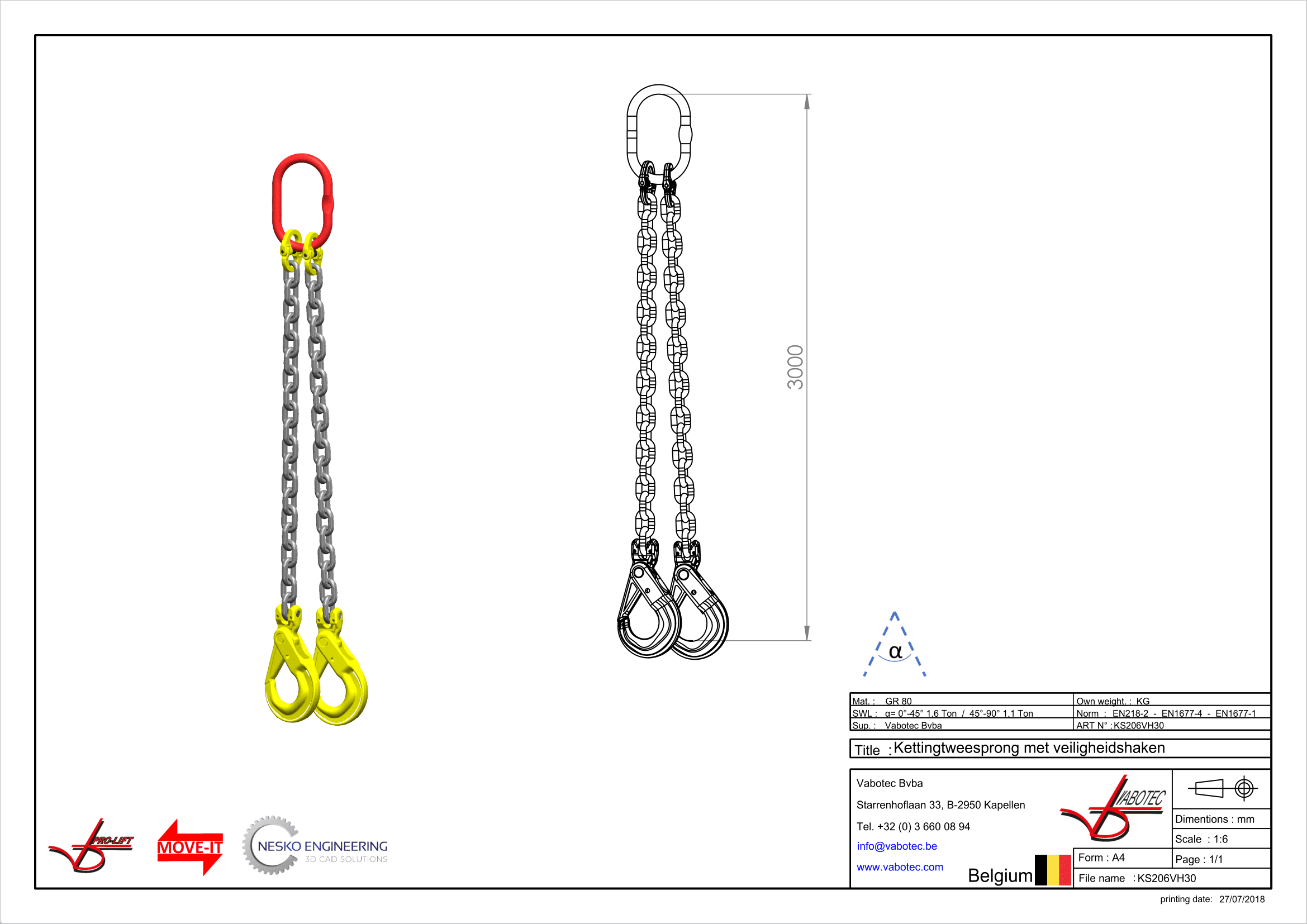 Ketting tweesprong : G80 Voorzien van zelfsluitende haak, veiligheidshaak, 3m Dia.6mm
