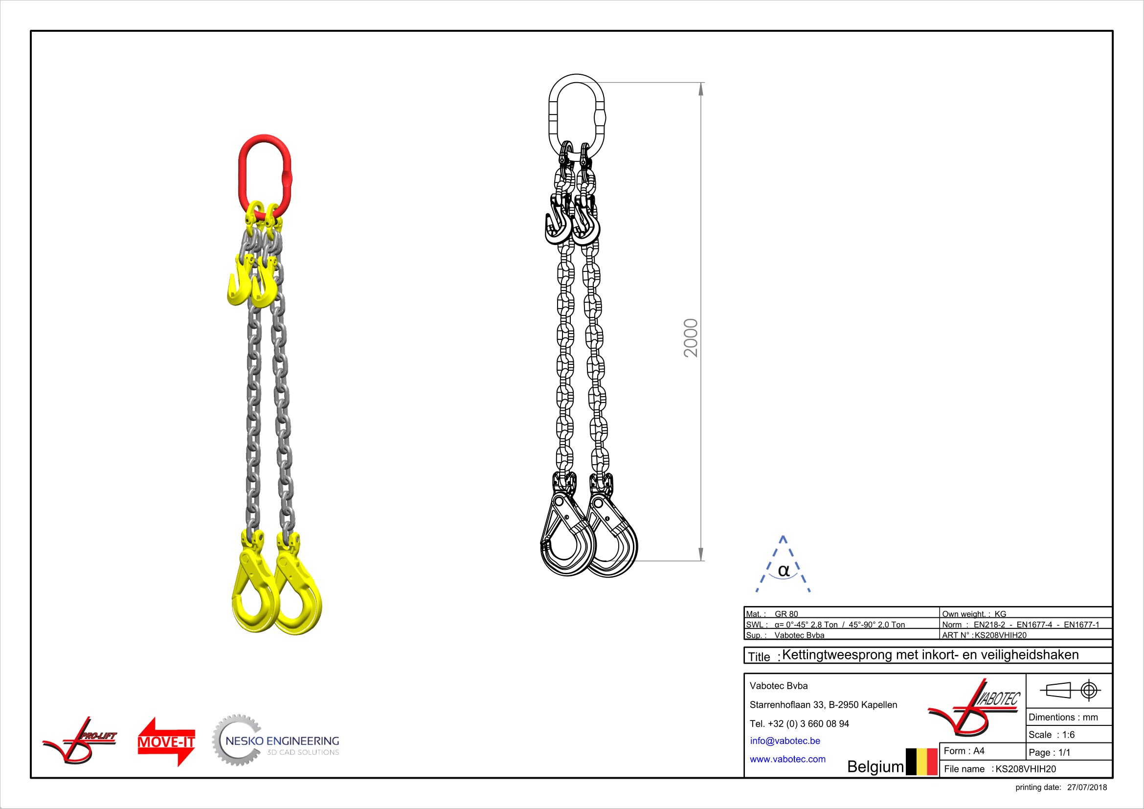 Ketting tweesprong : G80 Voorzien van zelfsluitende haak, veiligheidshaak en inkorthaak 2m Dia.8mm