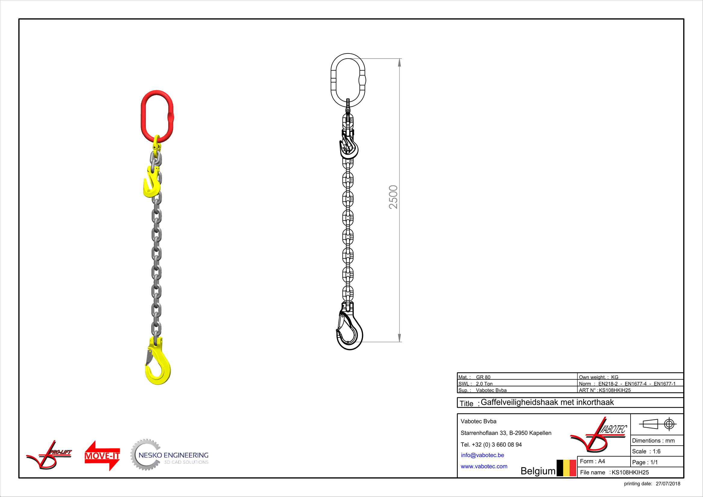 Kettingleng : G80 Voorzien van haak en klep en inkorthaak, 2,5m Dia.6mm