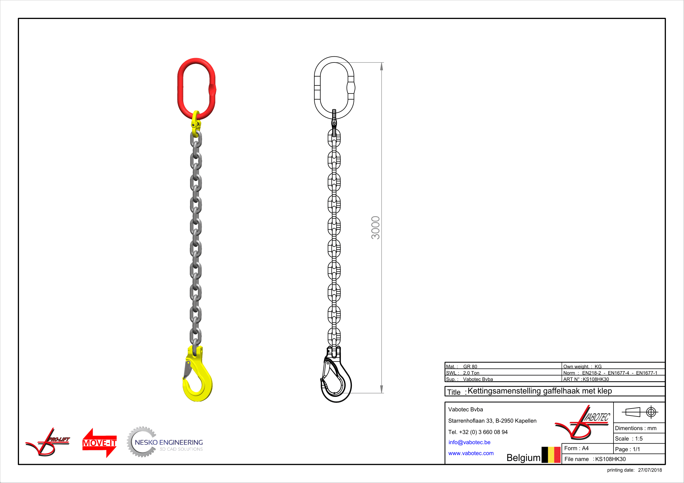 Kettingleng : G80 Voorzien van haak met klep, 3m Dia.8mm