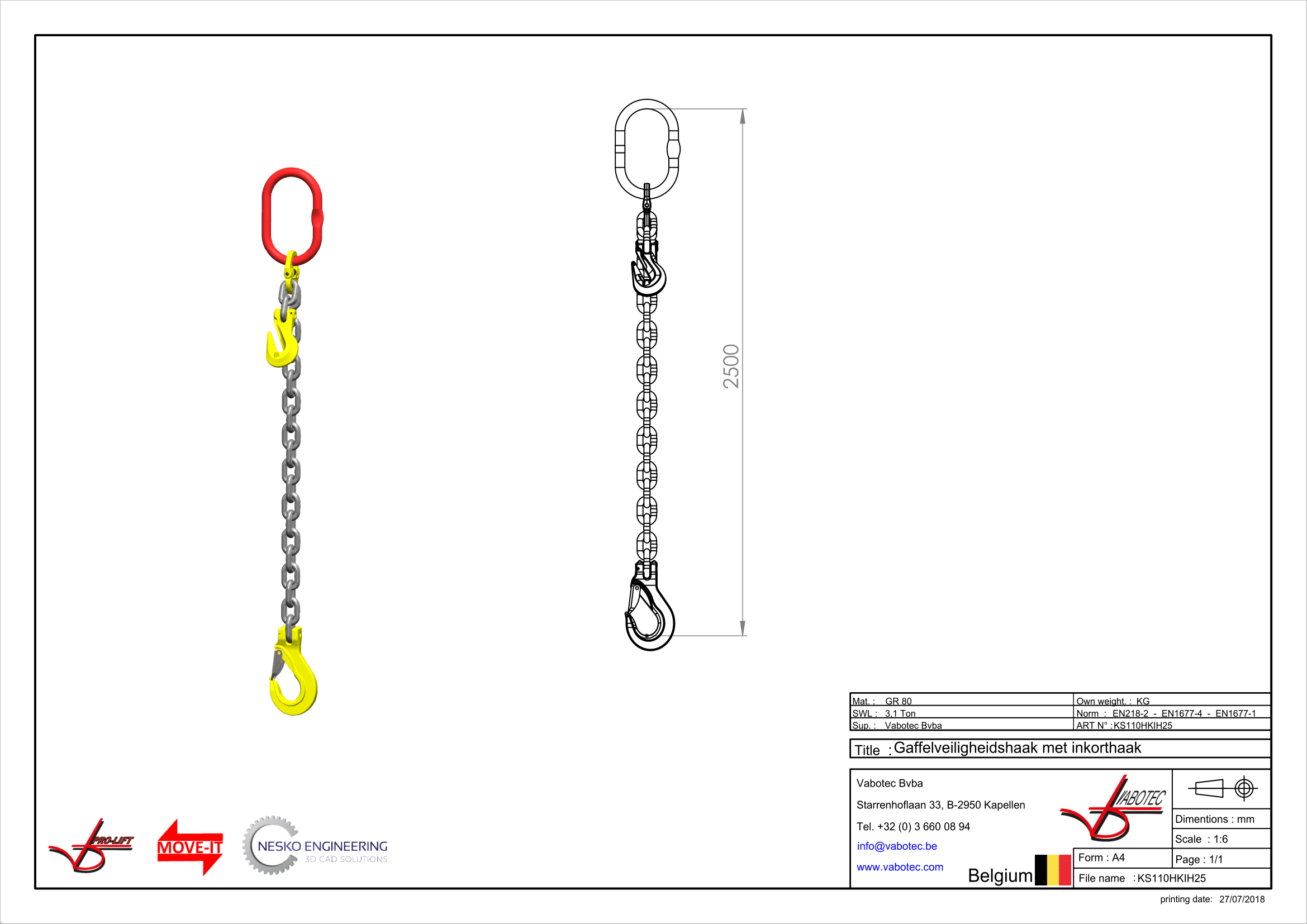 Kettingleng : G80 Voorzien van haak met klep en inkorthaak, 2.5m Dia.10mm