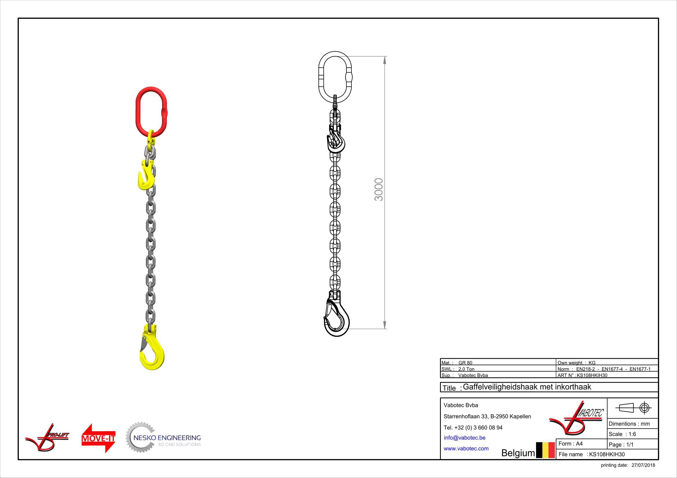 Kettingleng : G80 Voorzien van haak met klep met inkorthaak, 2m Dia.8mm