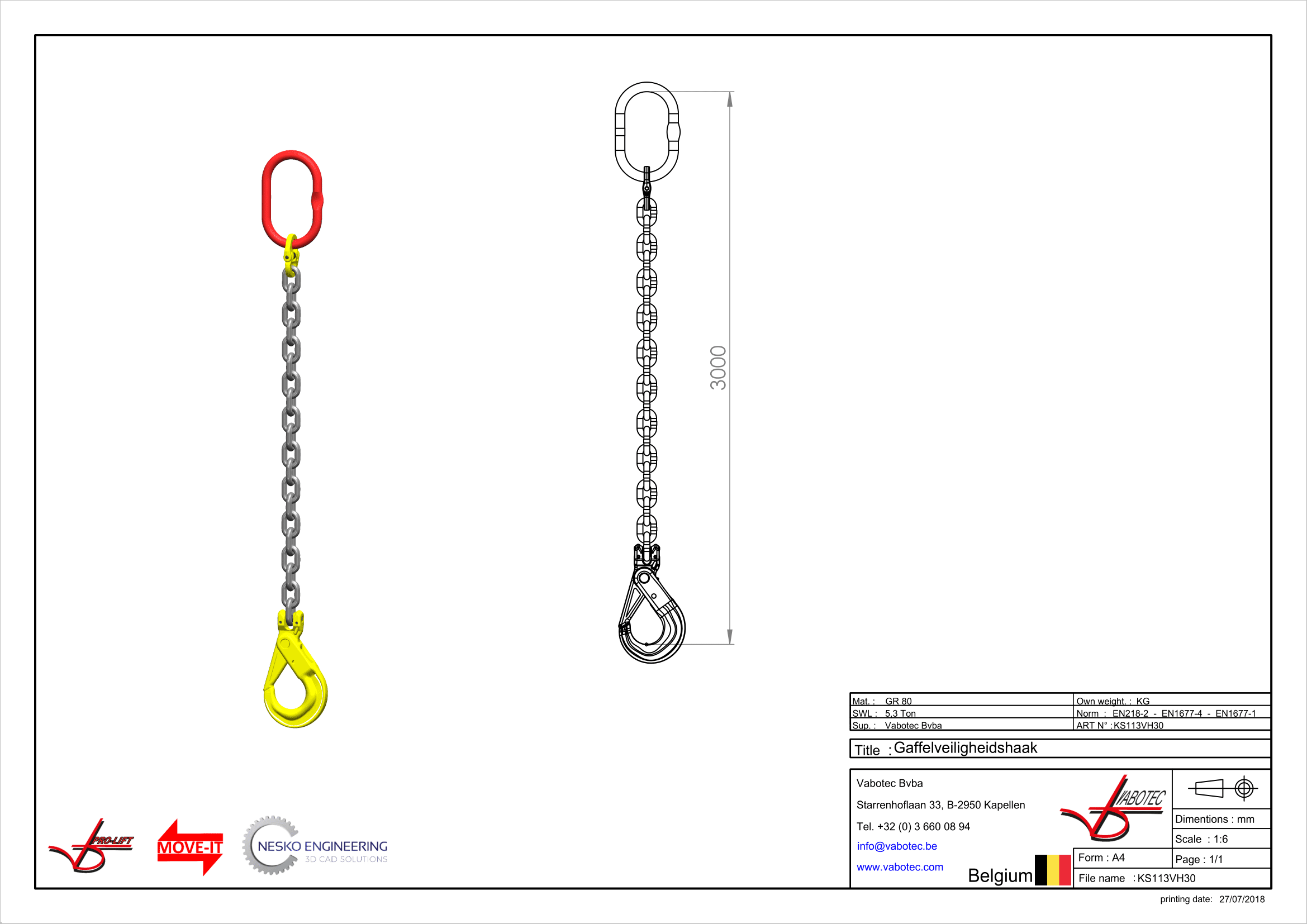 Kettingleng : G80 Voorzien van zelfsluitende haak, veiligheidshaak 3m Dia.13mm