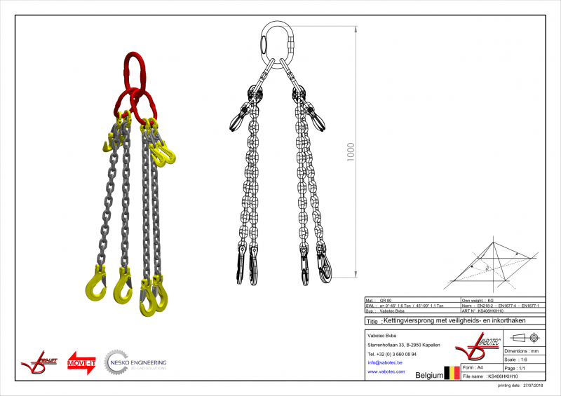 Kettingviersprong : G80 Voorzien van haak met klep en inkorthaak1m Dia.6mm
