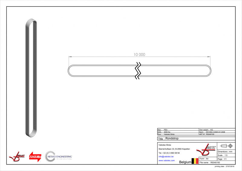 Rondstrop, eindloze strop met dubbele beschermmantel 4 ton 10 meter nuttige werklengte