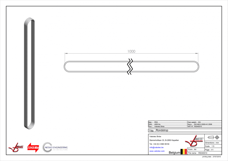 Rondstrop, eindloze strop met dubbele beschermmantel 4 ton 1 meter nuttige werklengte
