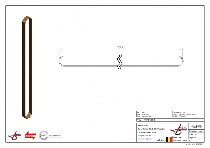 Rondstrop, eindloze strop met dubbele beschermmantel 6 ton 3 meter nuttige werklengte