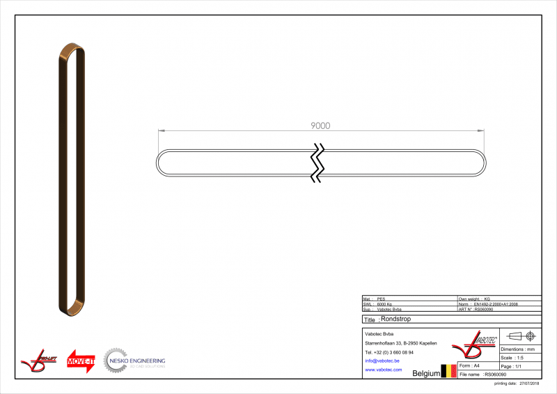 Rondstrop, eindloze strop met dubbele beschermmantel 6 ton 9 meter nuttige werklengte